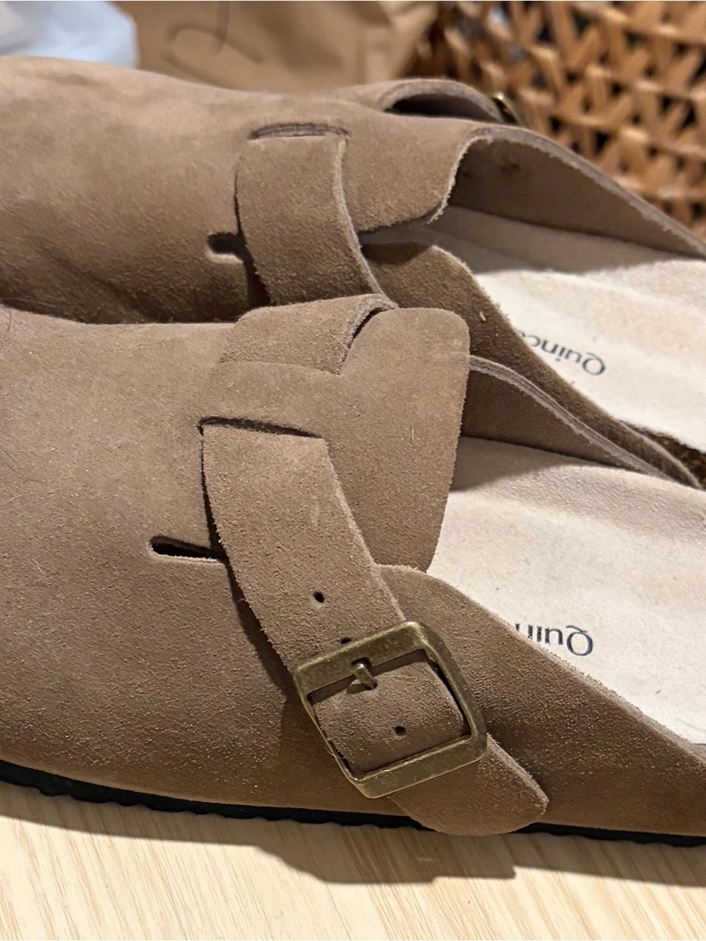 Quince Women's Suede Slip-On Clog Mule in Taupe Brown with Brass Buckle